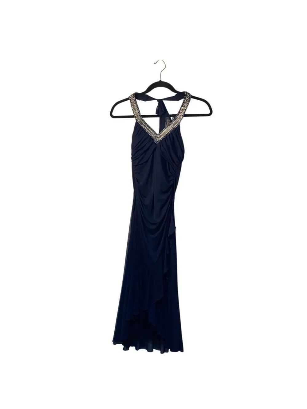City triangles navy blue Sequin halter chiffon, ruched, tiered dress M